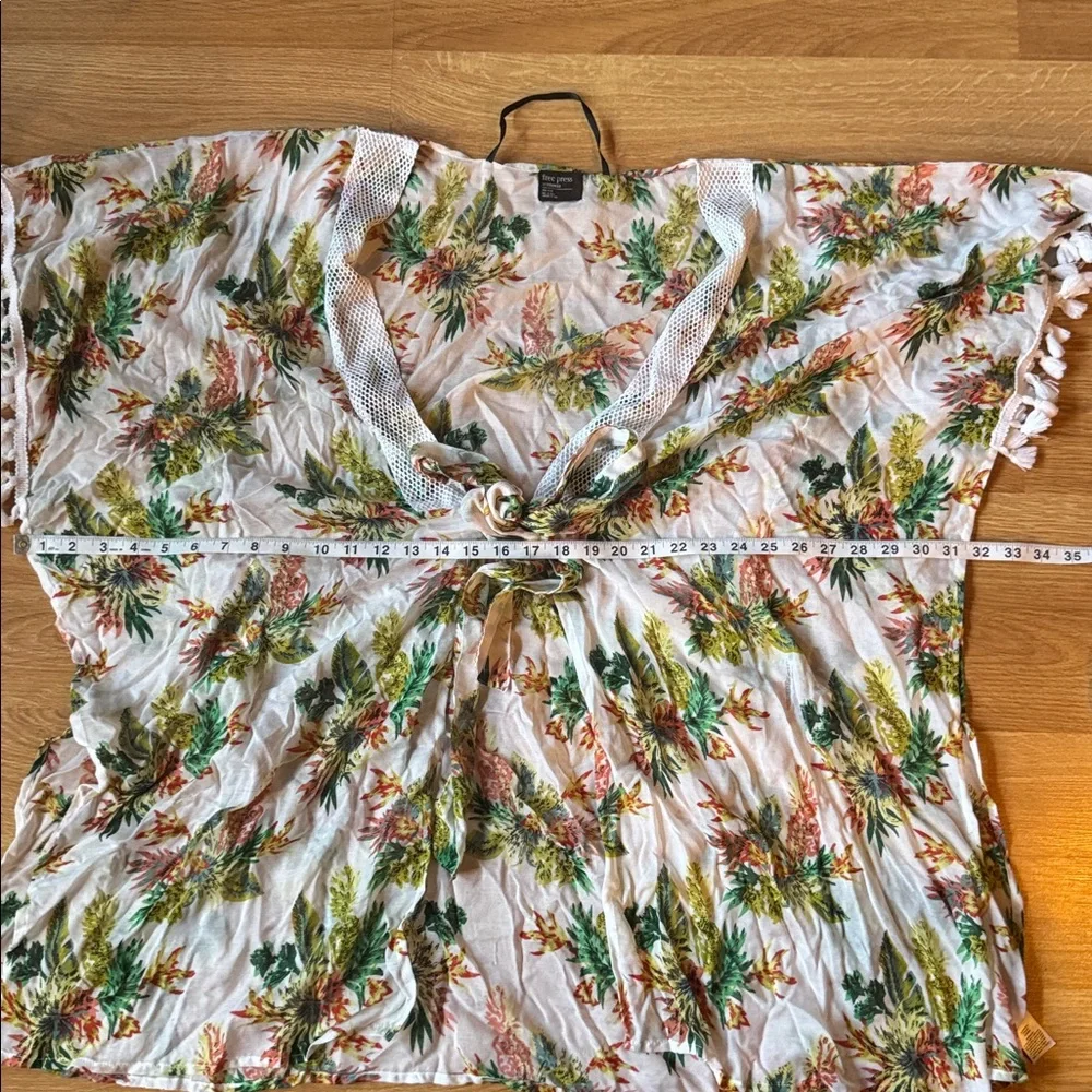 Free Press Green/White Tropical Wrap swimsuit cover up (OS) Fringe cruise ship